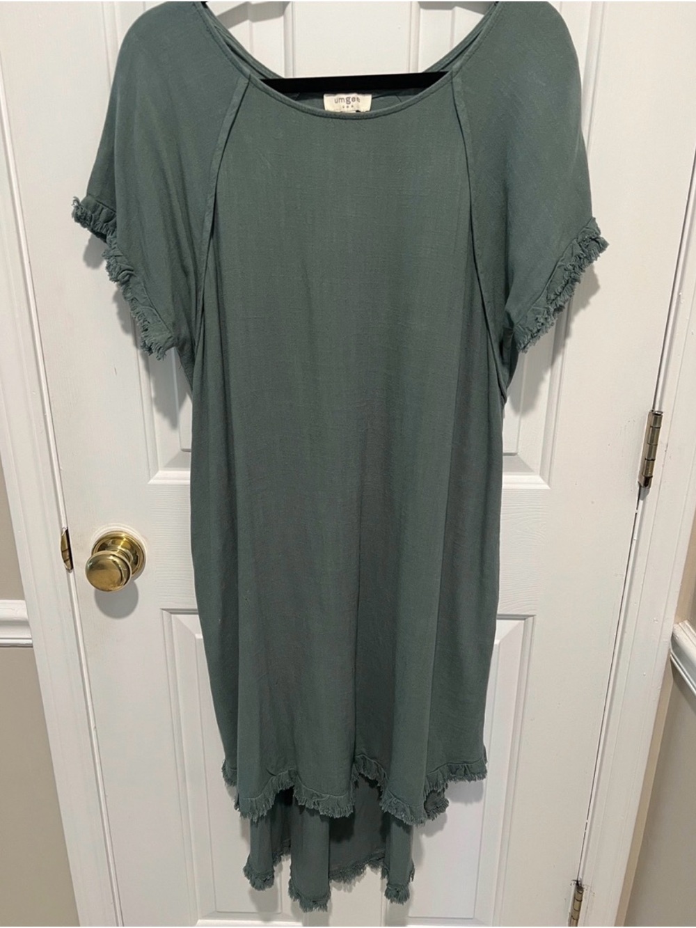 Umgee Sage Green High-Low Short Sleeve Frayed Hem Dress